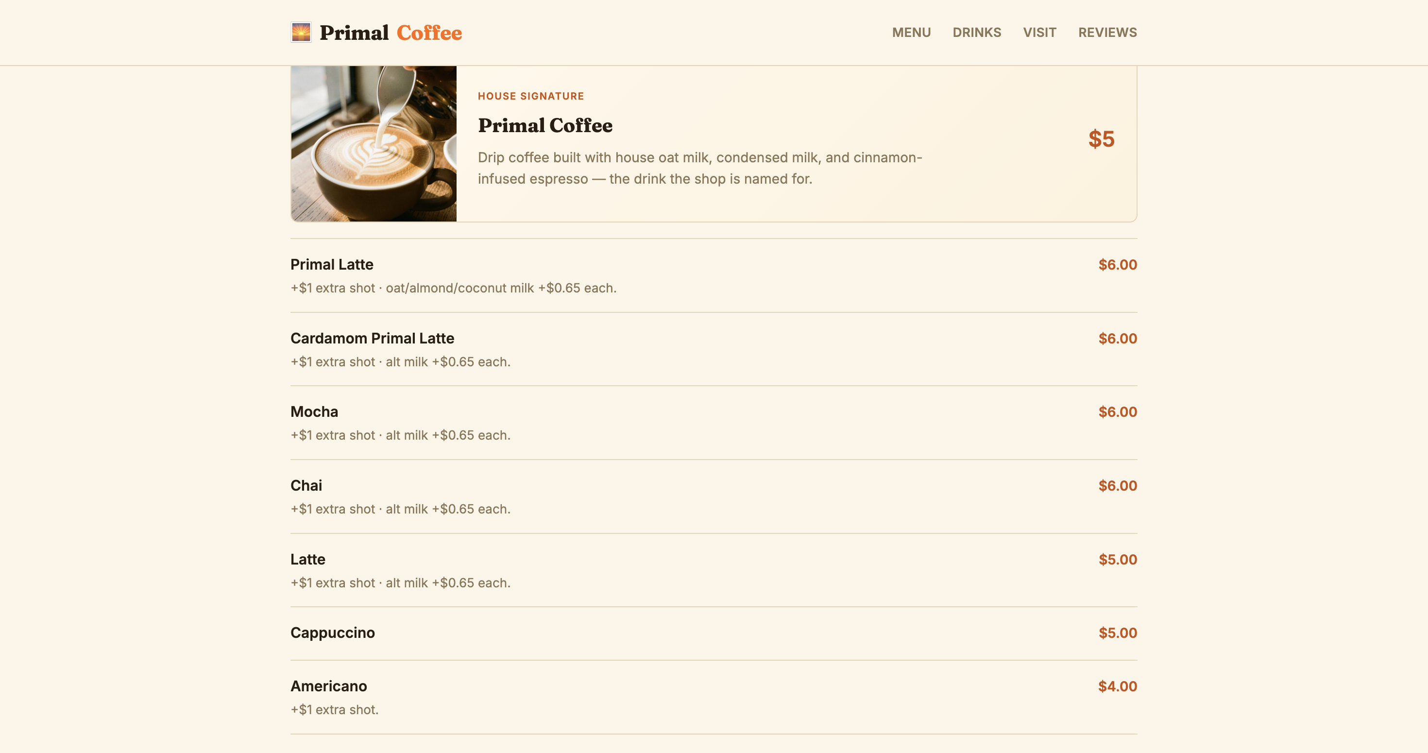 Redesigned Primal Coffee menu section