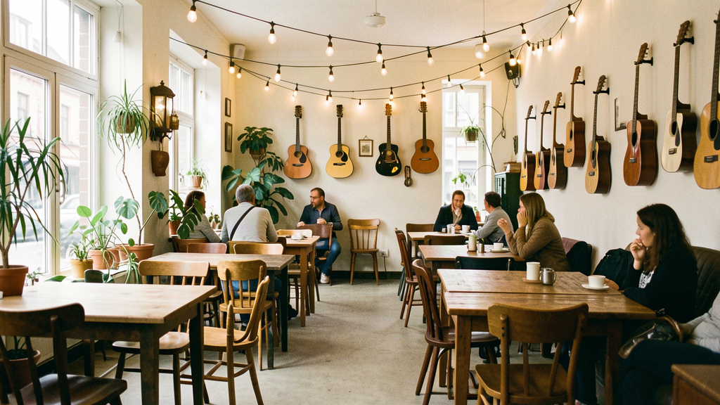 Cozy coffee shop interior with guitars hanging on the wall