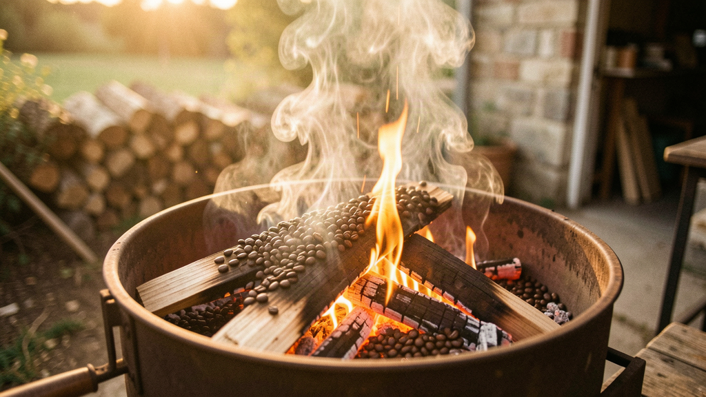 Coffee beans roasting over an open wood fire